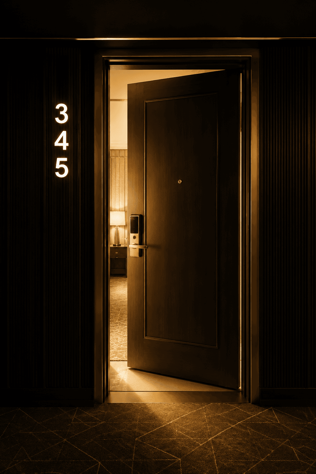 Room 345 — a softly lit hotel room door, numbered 345